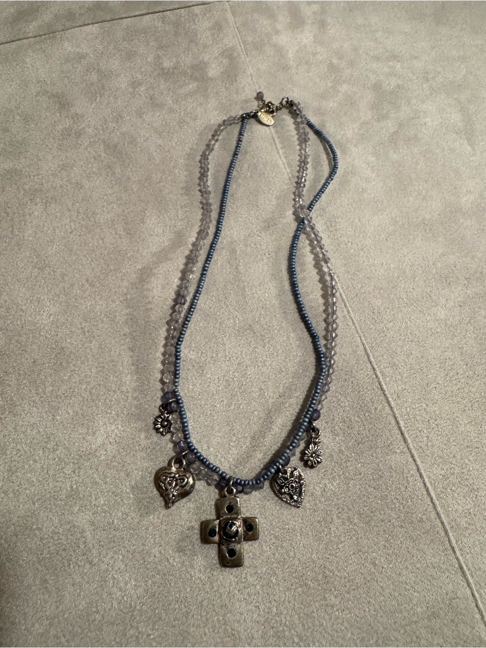 Express Blue Beaded Double-Strand Necklace with Cross & Heart Charms